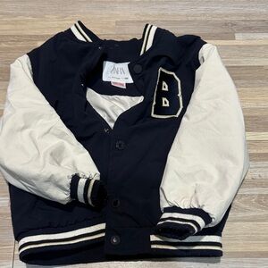 Zara Kids Black and Cream Letterman Jacket
